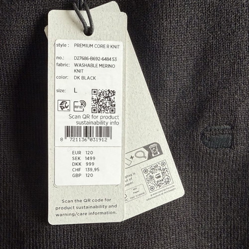 G-Star Raw Premium Core men's sweater new, 100% merino wool, black, M/L/XL