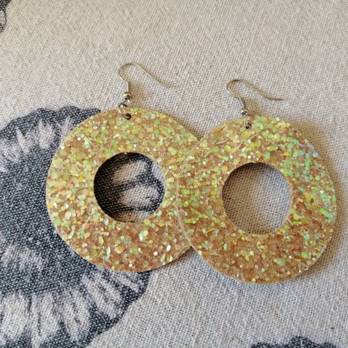Large hoop earrings handmade like new, gold glitter
