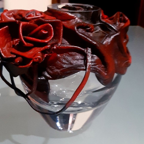 Handmade vintage blown glass vase with genuine leather decoration, new