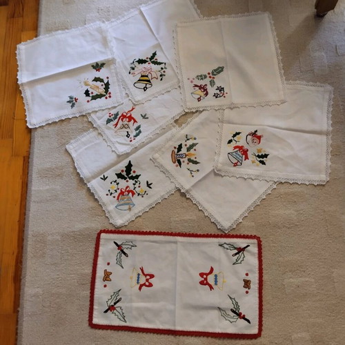 Handmade embroidery with knitted lace, set of 8 pieces like new