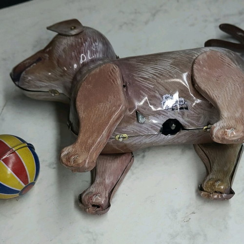 Tin wind-up dog replica of Jolly Bruno toy from 60s, new