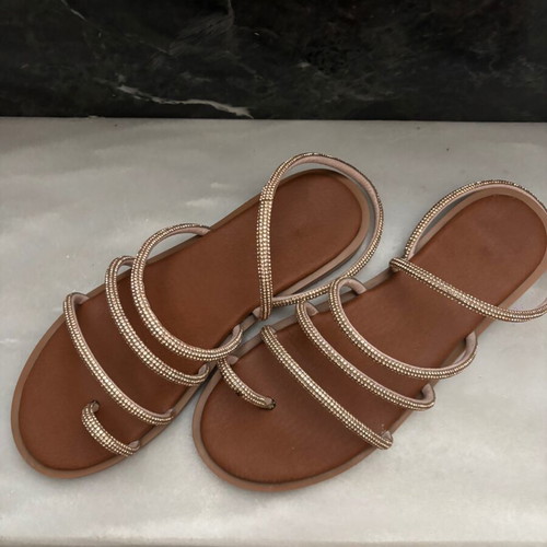 Strass sandals, brown and gold, size 38