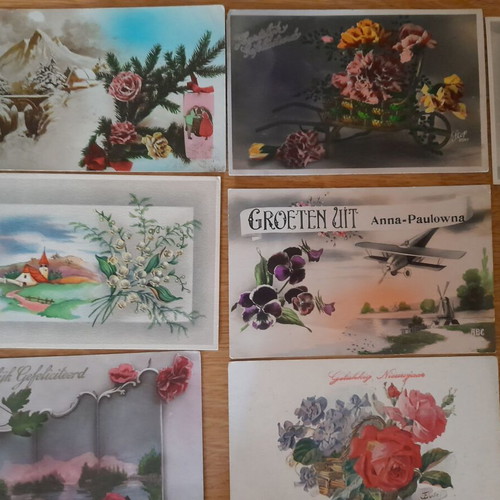 Vintage greeting postcards with flowers and landscapes, used, pack of 12