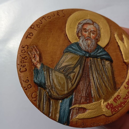 Saint Sergius of Radonezh Painted Icon from Wax, Mastic and Incense