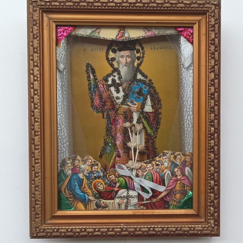 Religious icon Saint Athanasios and the Dormition of the Theotokos like new