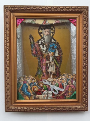 Religious icon Saint Athanasios and the Dormition of the Theotokos like new