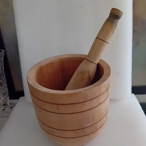 Large wooden vintage mortar and pestle