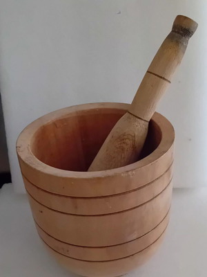 Large wooden vintage mortar and pestle