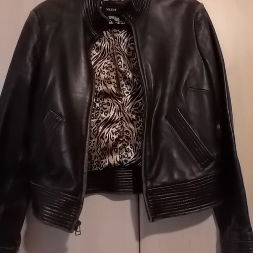 Women's leather biker jacket used, black, size S with leopard lining