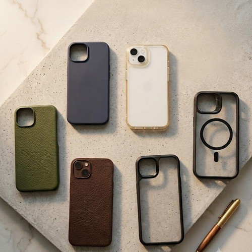 iPhone 13 cases set used, 6 pieces with leather and silicone textures