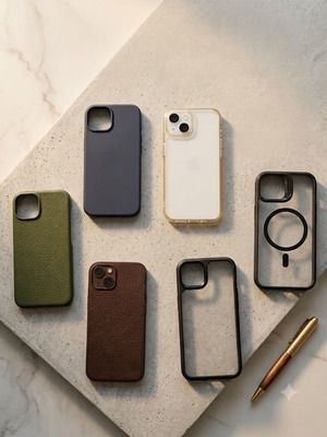 iPhone 13 cases set used, 6 pieces with leather and silicone textures