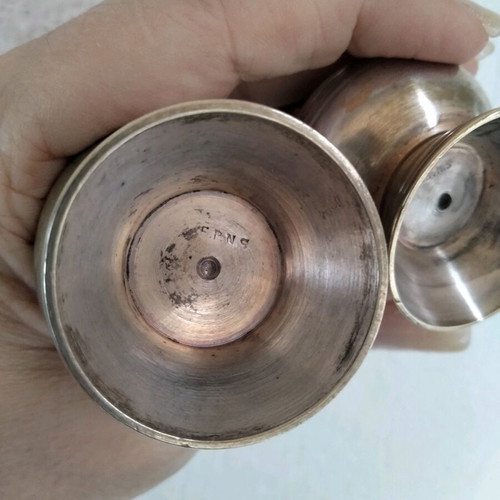 Vintage silver-plated salt and pepper shaker set with tray