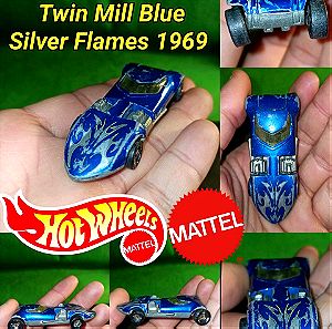 Vintage 1969 Hot Wheels Twin Mill Blue Silver Flames Mattel Μεταλλικό αυθεντικό Σπάνιο μοντέλο Rare diecast model Μπλε ασημί χρώμα collection collectible