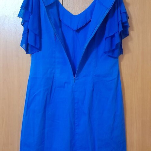 Blue dress with flutter sleeves and V-neck