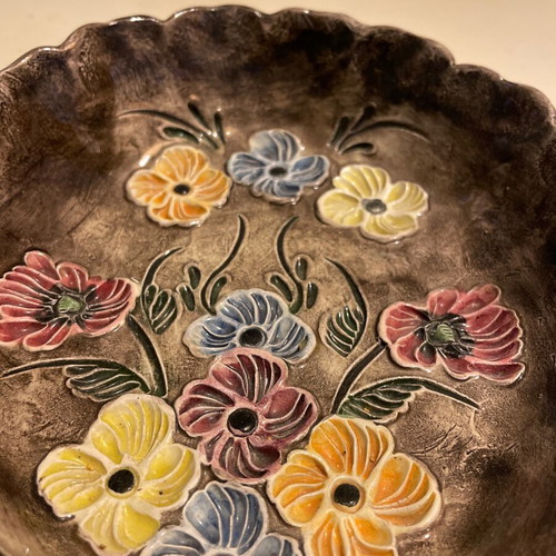 Vintage handmade ceramic bowl with embossed flowers like new