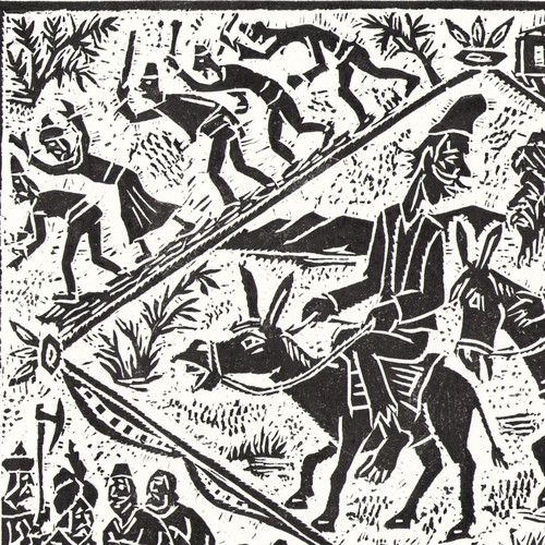 Linocut Hitŭr Petŭr and Nastradin Hodja new