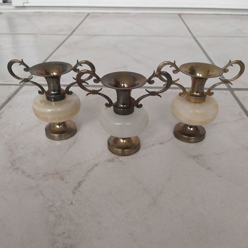 Decorative amphorae like new, set of 3, brass and onyx
