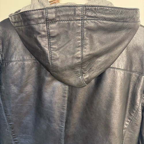 Leather unisex jacket with hood like new, black, size L