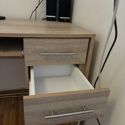 Wooden desk with sliding shelf and 2 drawers, like new