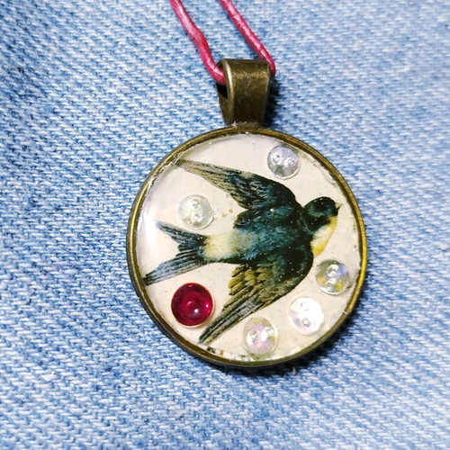 Swallow pendant handmade with epoxy resin on leather cord new