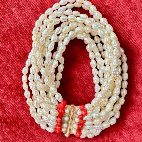 10-row bracelet with cultured pearls, 14K gold & coral