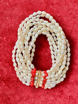 10-row bracelet with cultured pearls, 14K gold & coral