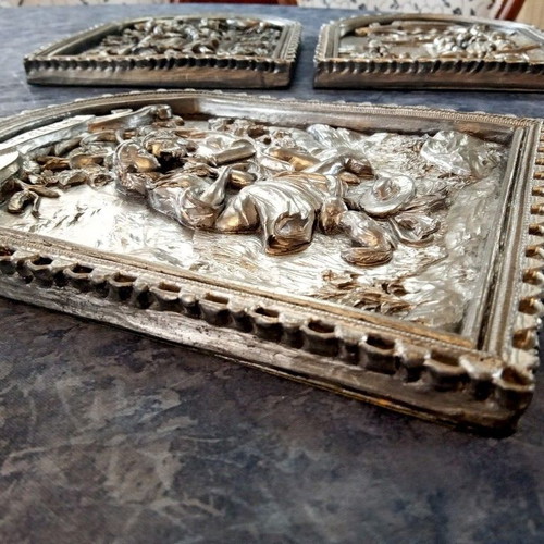 Set of three Zinn relief tin paintings Handarbeit