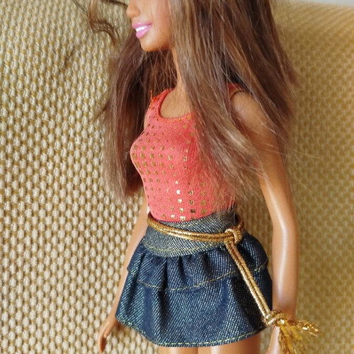 Barbie doll by Mattel like new with denim skirt and gold details