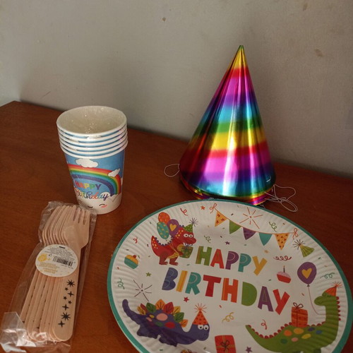 Kids party set new with cups, hats, plates and wooden forks