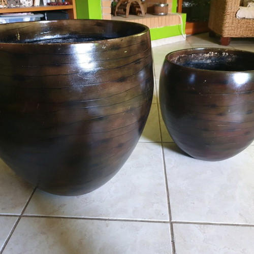 Polyester flower pots used, set of 2, indoor with wooden design