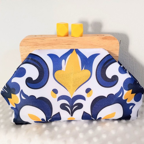 Handmade shoulder bag with blue and yellow pattern, mink velvet lining