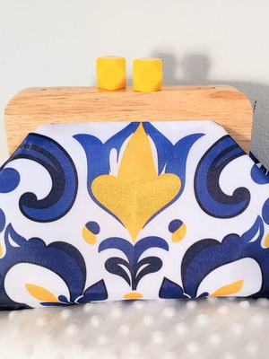 Handmade shoulder bag with blue and yellow pattern, mink velvet lining