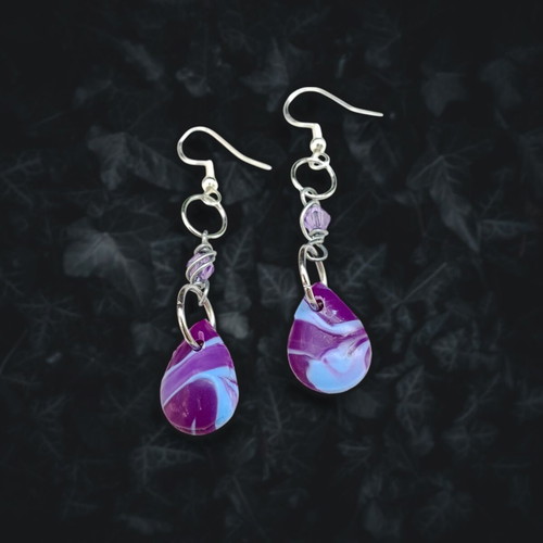Earrings drops new with purple-blue marbled effect, hypoallergenic