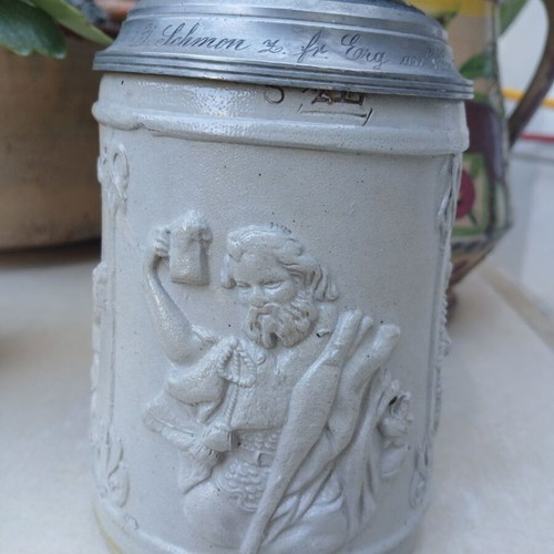 Antique German Westerwald Salt-Glazed Stoneware Beer Stein with Pewter Lid used