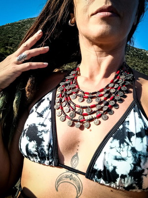 Gypsy necklace new, ethnic with metal coins and beads