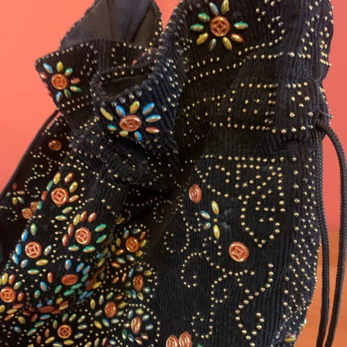 Vintage Handmade Shoulder Bag Pouch Black Embroidered Peacock