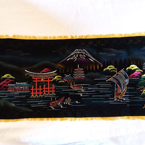 Velvet Embroidery Wall Hanging Like New, Japanese Landscape