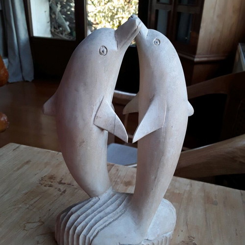Wooden dolphins decorative sculpture used, height 21 cm