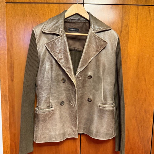 Massimo Dutti leather jacket used brown with knitted sleeves