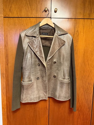 Massimo Dutti leather jacket used brown with knitted sleeves