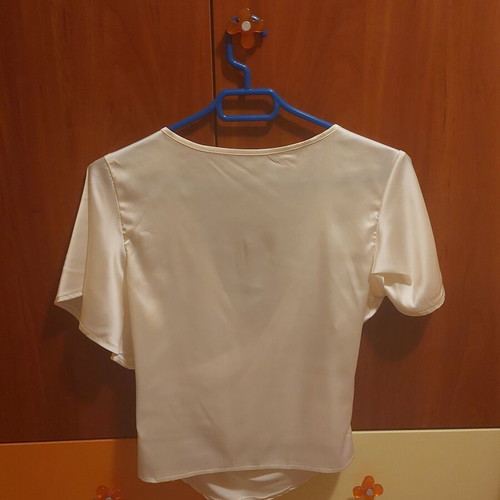 White satin blouse with draped design and deep V neckline new