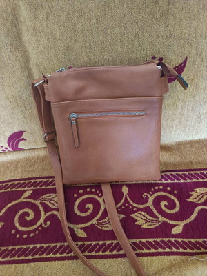 Shoulder mail bag used, brown with multiple compartments