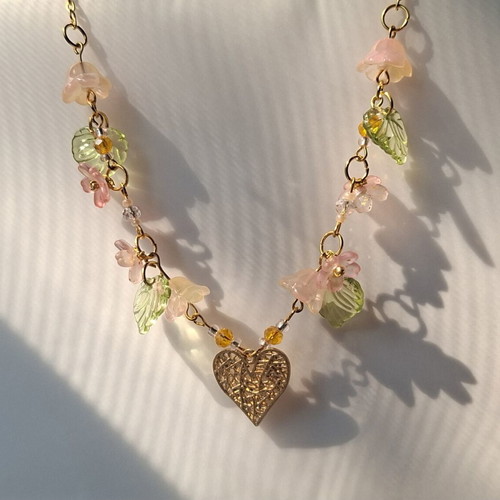 Women's gold-tone necklace with pink flowers, handmade