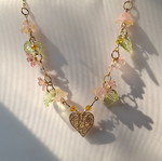 Women's gold-tone necklace with pink flowers, handmade