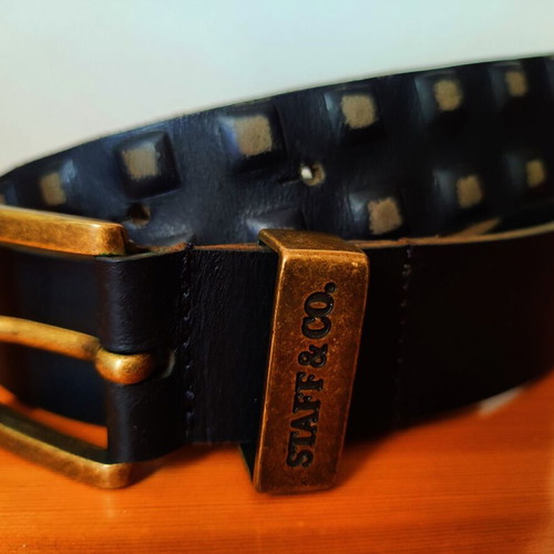 Staff leather belt new, dark brown with stud design and gold buckle
