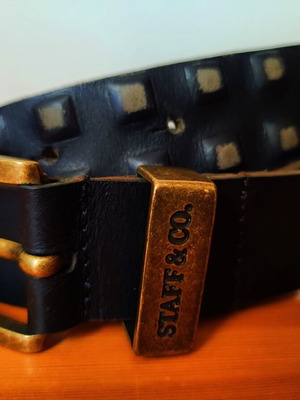 Staff leather belt new, dark brown with stud design and gold buckle