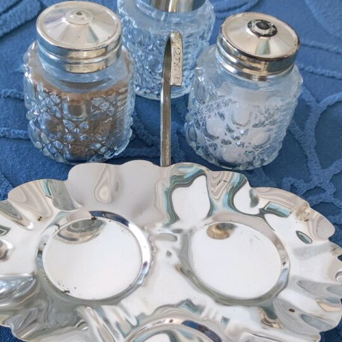 Salt and pepper set with mustard holder silver plated used