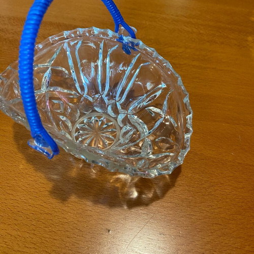 Small glass fondant dish with blue handle like new