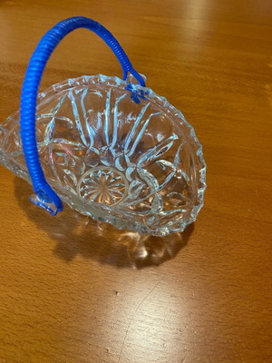 Small glass fondant dish with blue handle like new