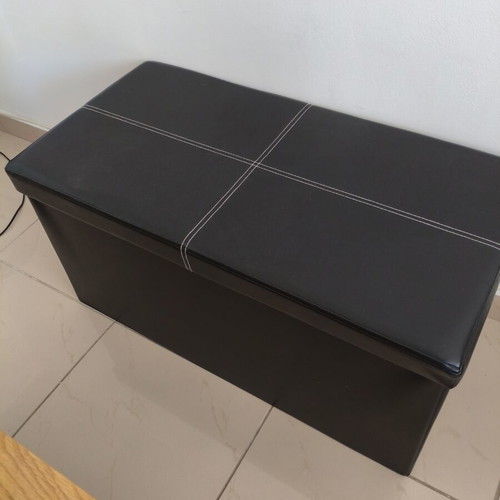 Black leatherette storage chest with stool, like new